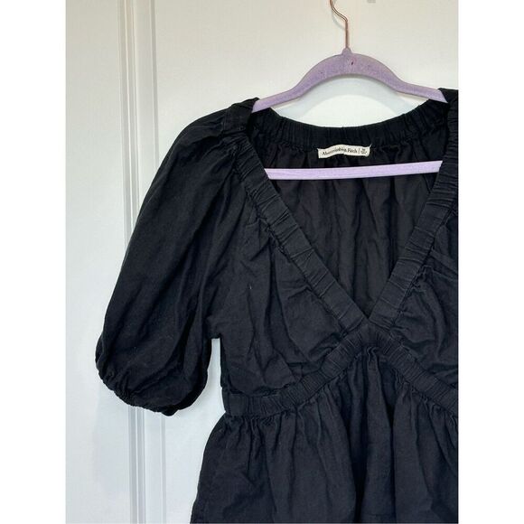 Abercrombie & Fitch Black V-Neck Puff Sleeve Top Linen Blend Size Medium - Picture 3 of 8